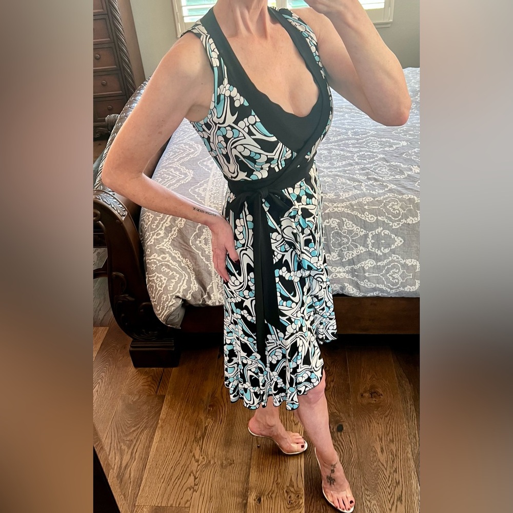 Bebe Y2K Wrap Dress XS Black Blue Print Stretch Lined. - Picture 2 of 10